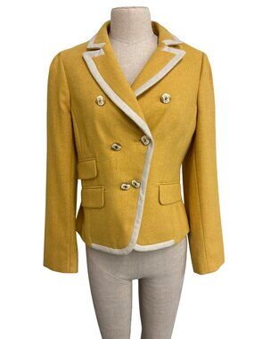 Ann Taylor Loft Petites 10P Mustard Double-Breasted Wool Blazer With White Trim